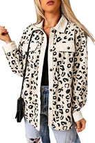 Apricot Collared Neckline Flap Pockets Leopard Corduroy Jacket