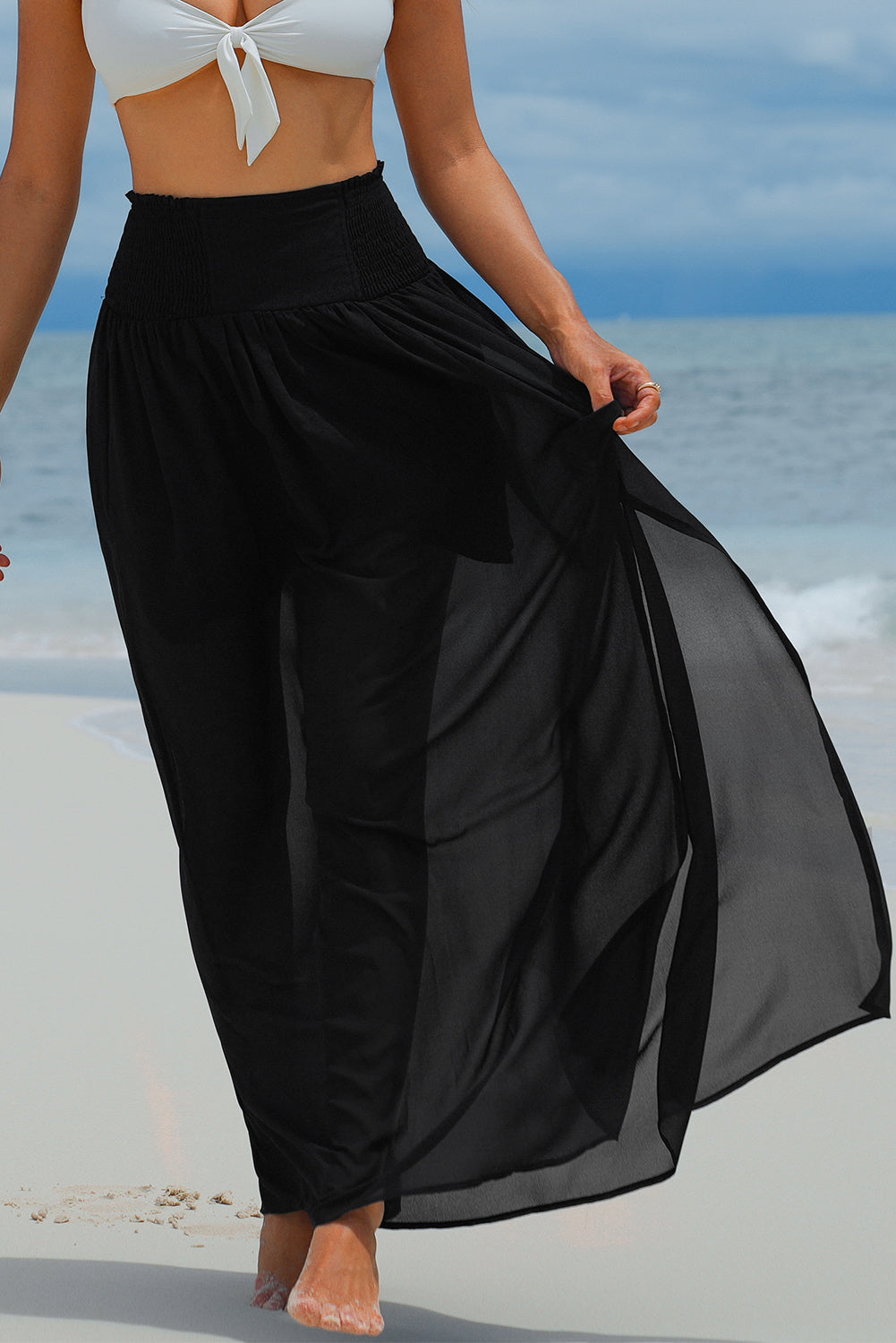 Shirred High Waist Chiffon Split Beach Maxi Skirt