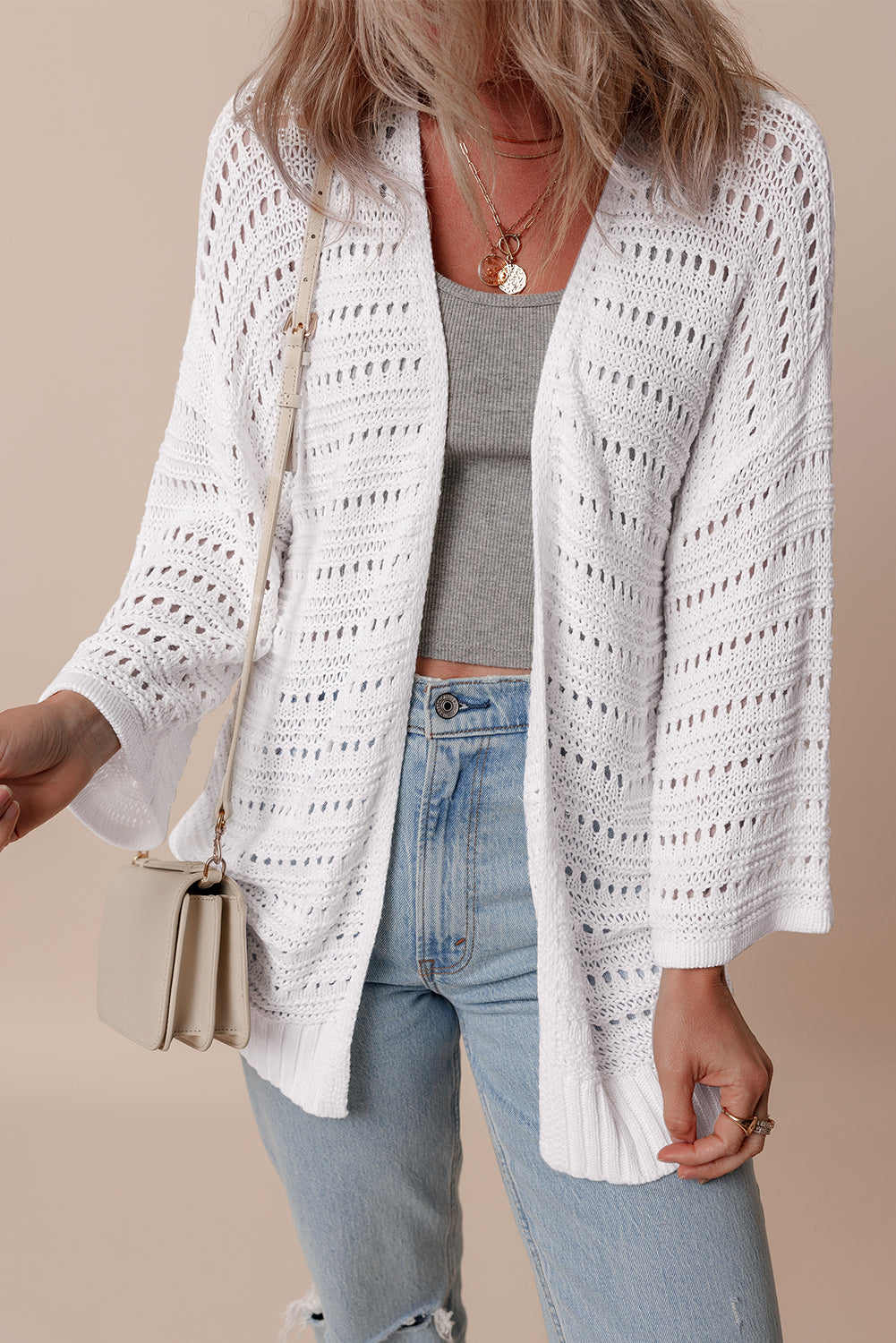 Pointelle Knit Bracelet Sleeve Open Cardigan