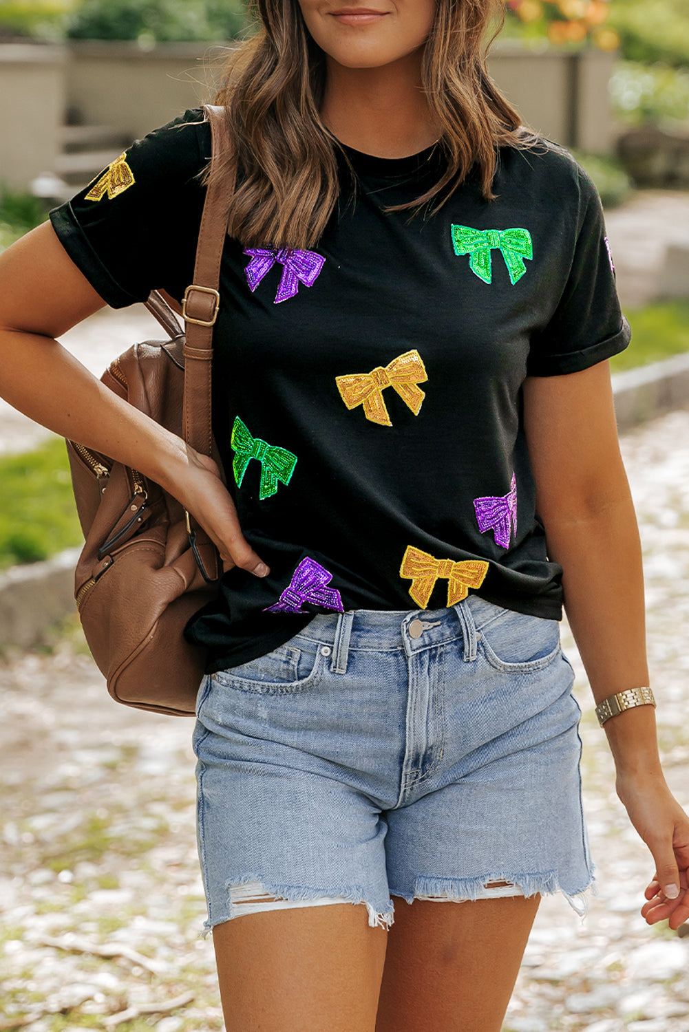 Mardi Gras Sequin Bow Knot Crew Neck T Shirt