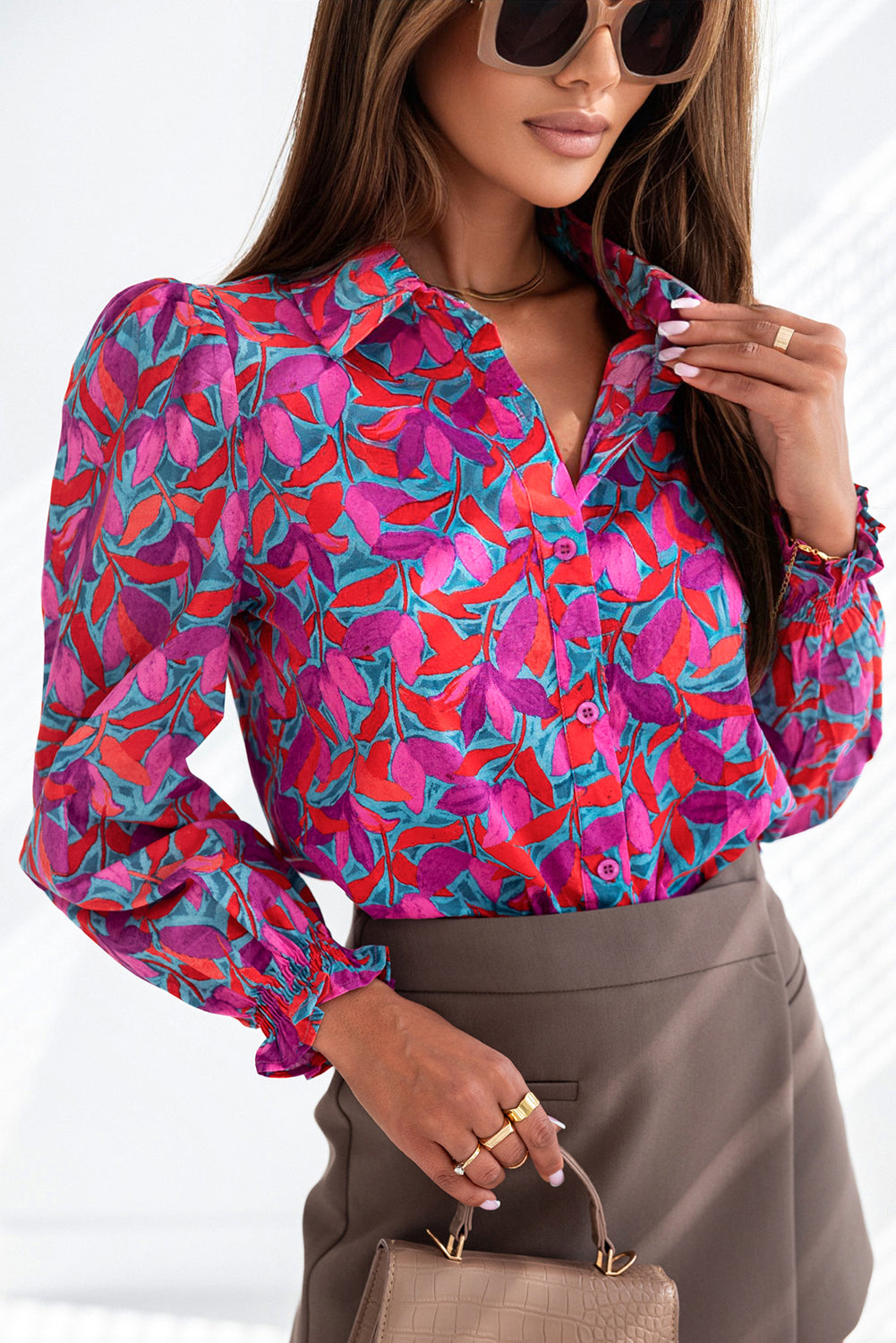 Abstract Floral Button Up Long Puff Sleeve Shirt