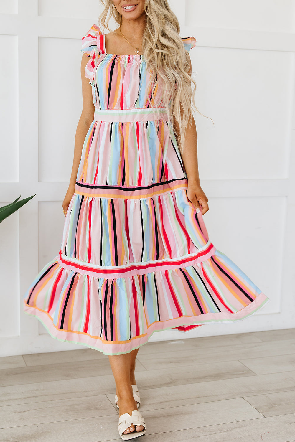 Rainbow Stripe Ruffles Ruched Tiered Dress