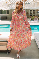 Boho Holiday Paisley Print Tiered Long Sleeve Maxi Dress