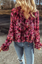 Floral Allover Print Drawstring Ruffled V Neck Loose Blouse