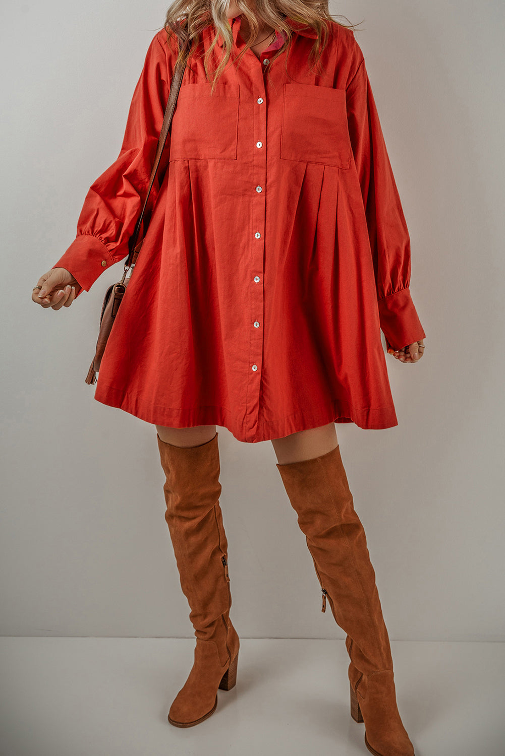 Bishop Sleeve Button Up Pleated Mini Shirt Dress