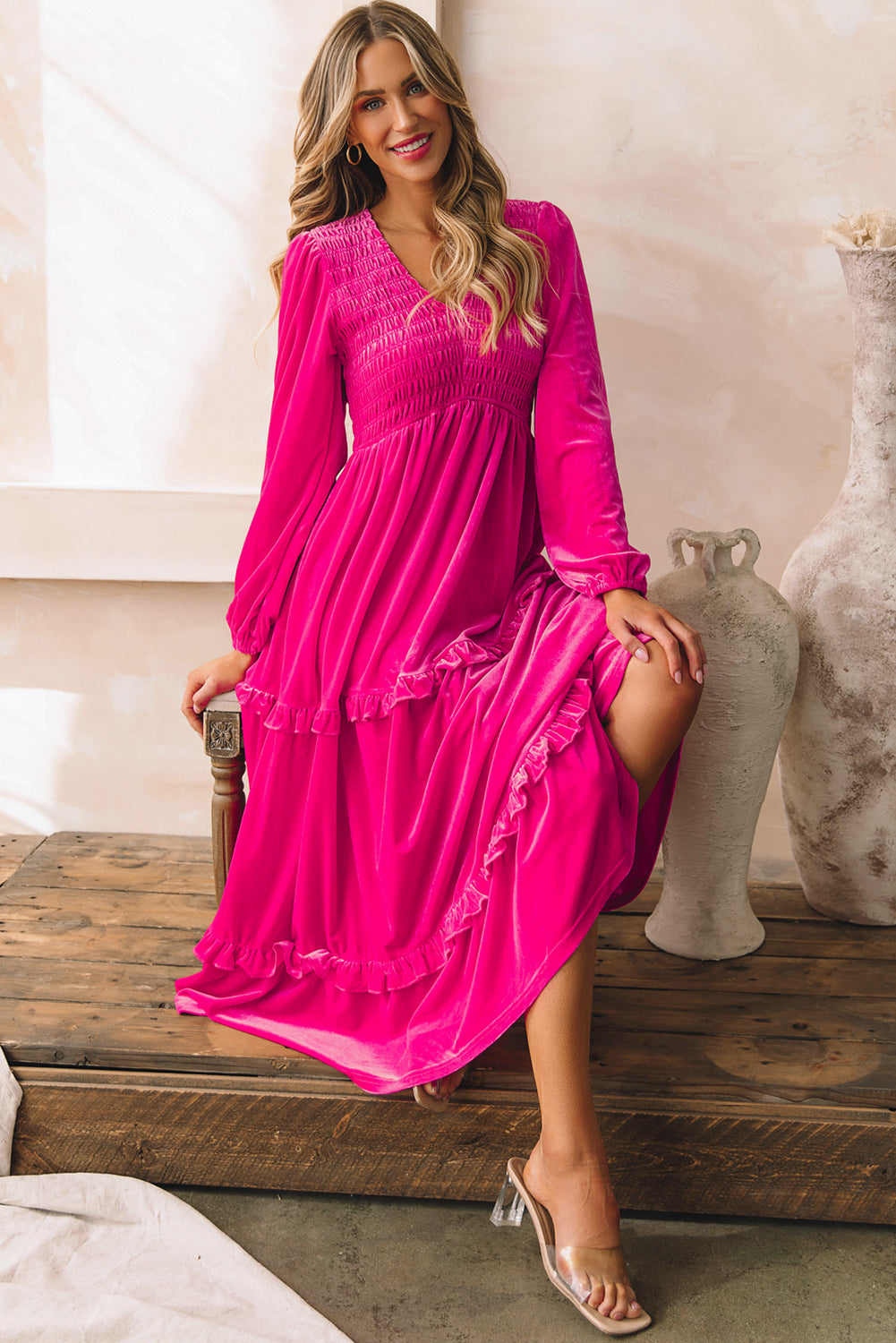 Shirred V Neck Long Sleeve Velvet Dress