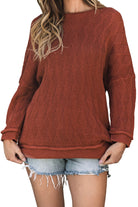 Solid Color Textured Crew Neck Loose Sweater