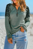 Leopard Waffle Knit Buttoned V Neck Blouse