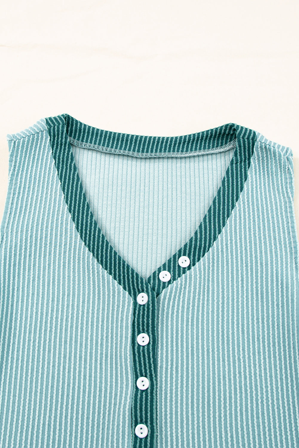 Buttoned Contrast V Neck Textured Tank Top