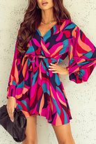 Abstract Printed Belted Puff Sleeve Mini Dress