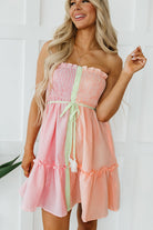 Color Block Smocked Button Front Frilled Strapless Mini Dress