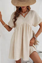 Folded Short Sleeve Lace V Neck Mini Dress