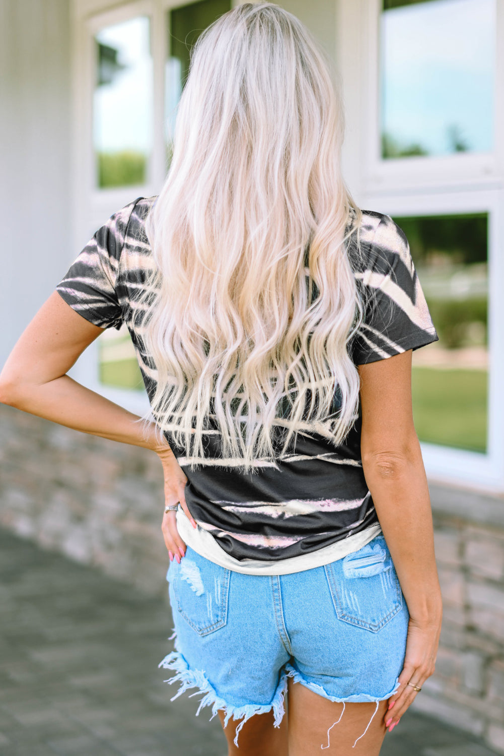 Blue Tie Dye Stripe Print Bleached T-Shirt