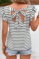 White Stripe Butterfly Sleeve V Neck Hollowed Knot Back T Shirt