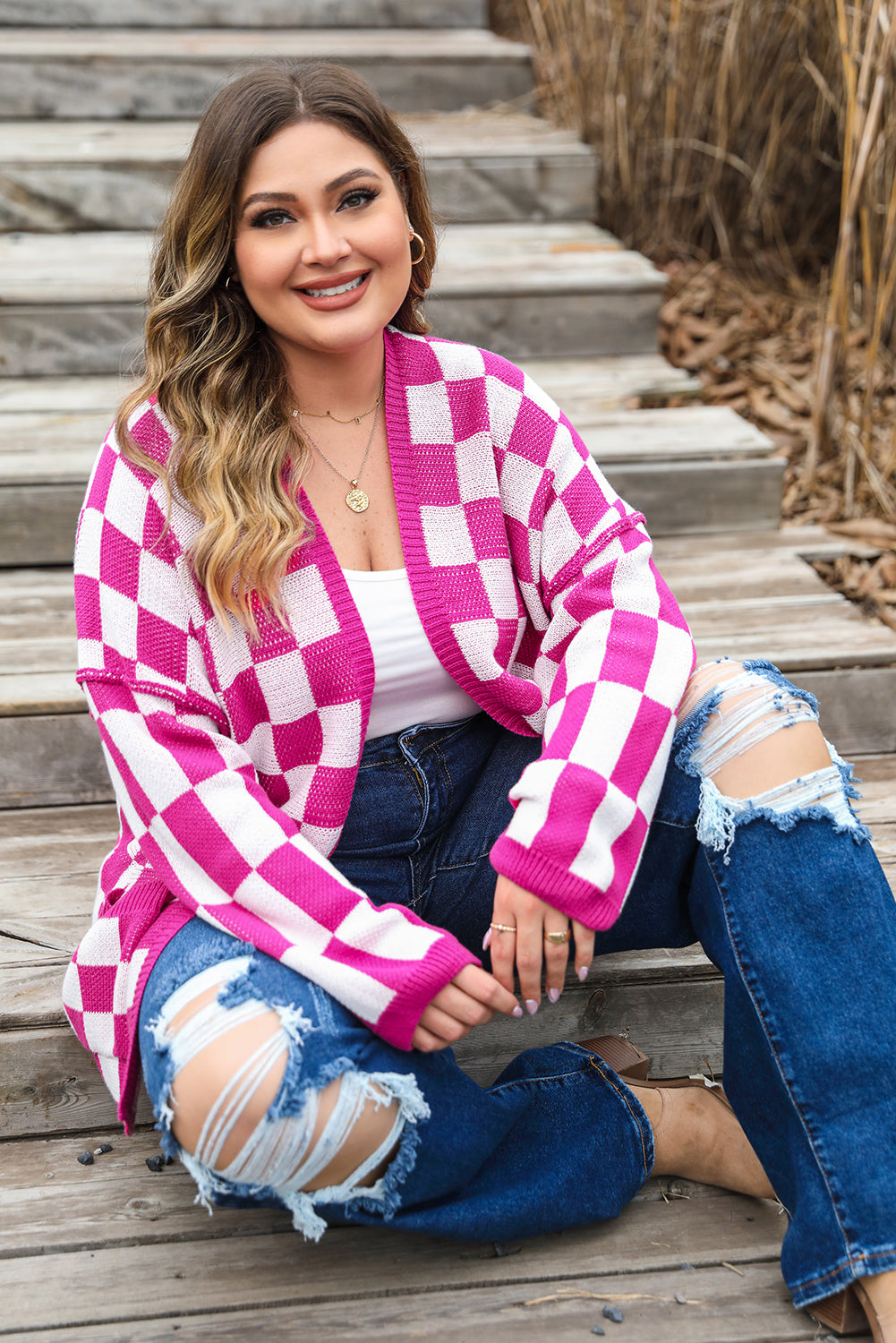 Checkered Pattern Open Front Plus Size Cardigan