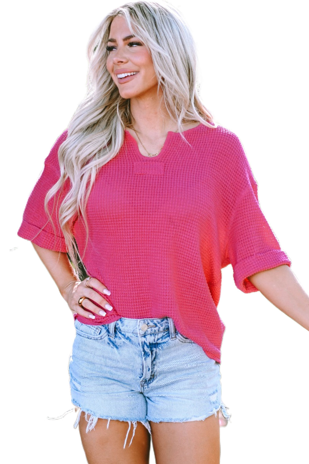 Strawberry Pink Textured Knit Split Neck Cuffed Short Sleeve Top