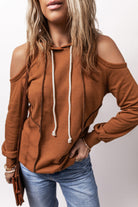 Exposed Seam Cold Shoulder Drawstring Hoodie