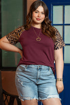 Contrast Leopard Raglan Sleeve Plus Size T-shirt