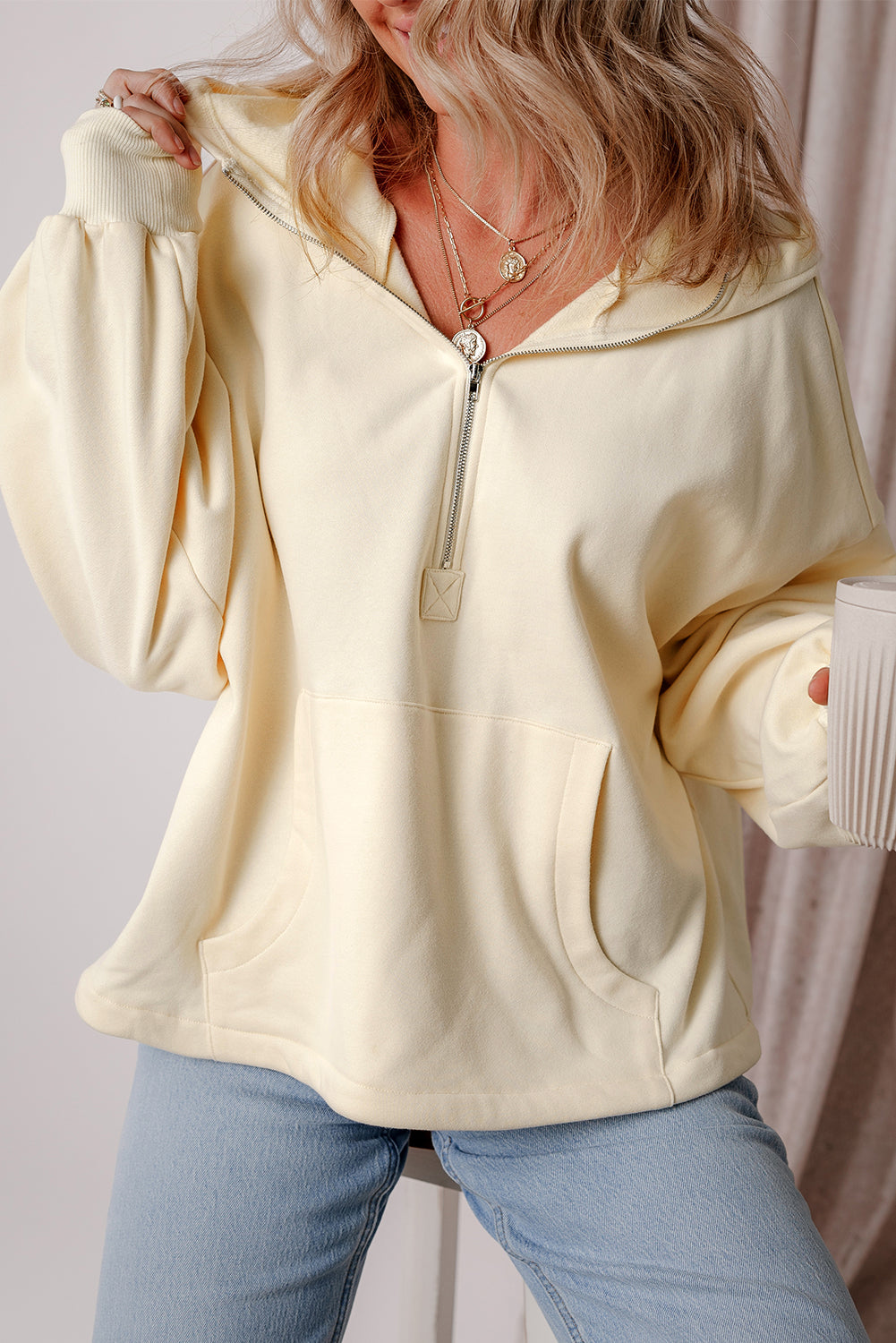 Fleece Lined Half Zipper Kangaroo Pockets Loose Hoodie