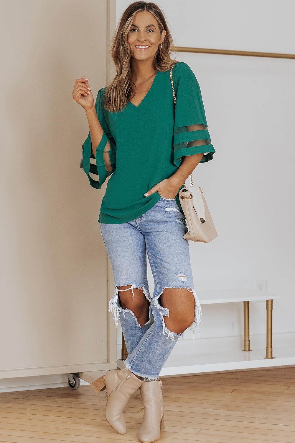 Flare Sleeve V Neck Loose Blouse