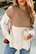 Cable Knit Color Block Side Splits High Neck Sweater