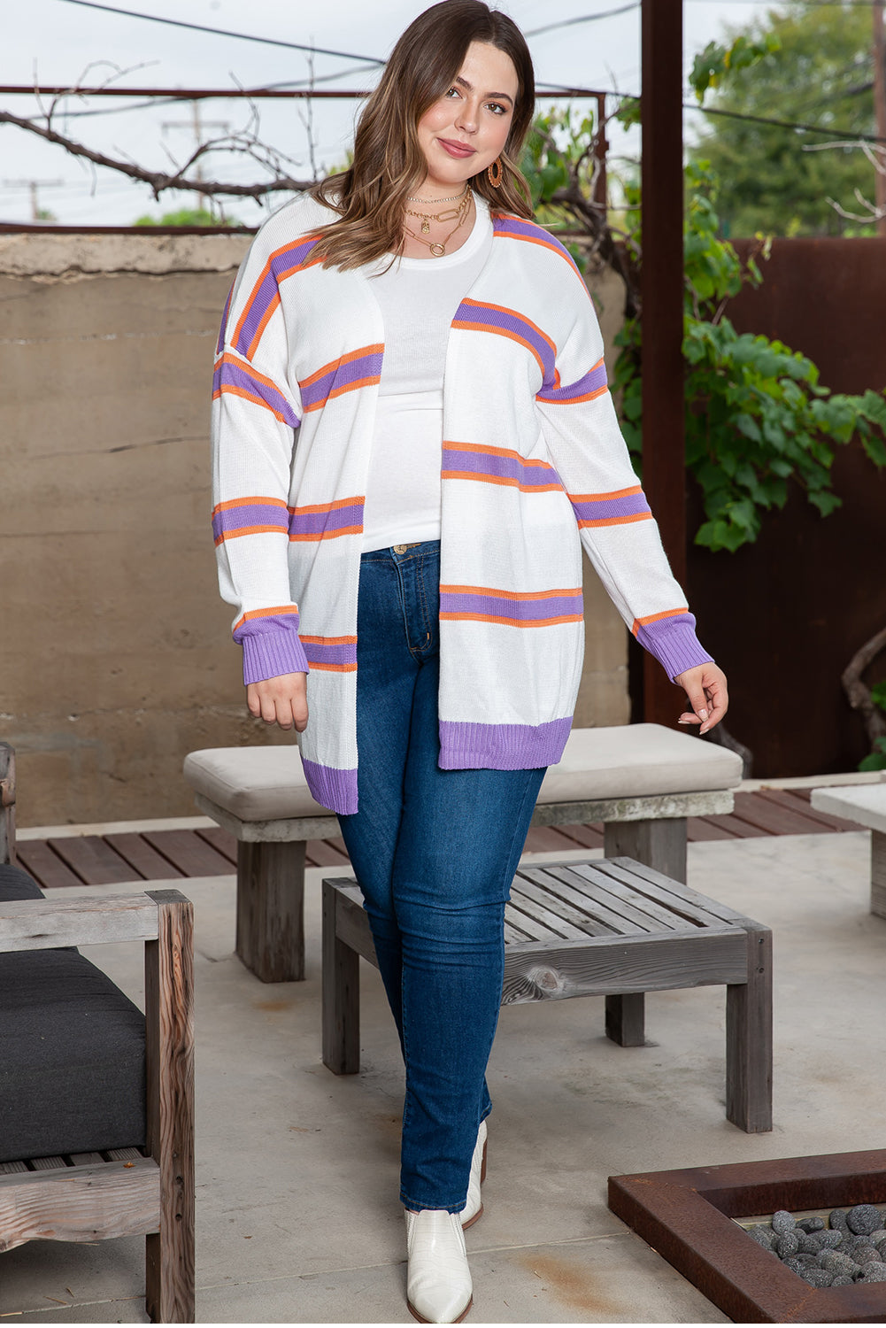 Plus Size Striped Dropped Shoulder Sweater Cardigan