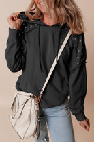 Solid Color Rivet Stud Raglan Sleeve Hoodie with Pocket