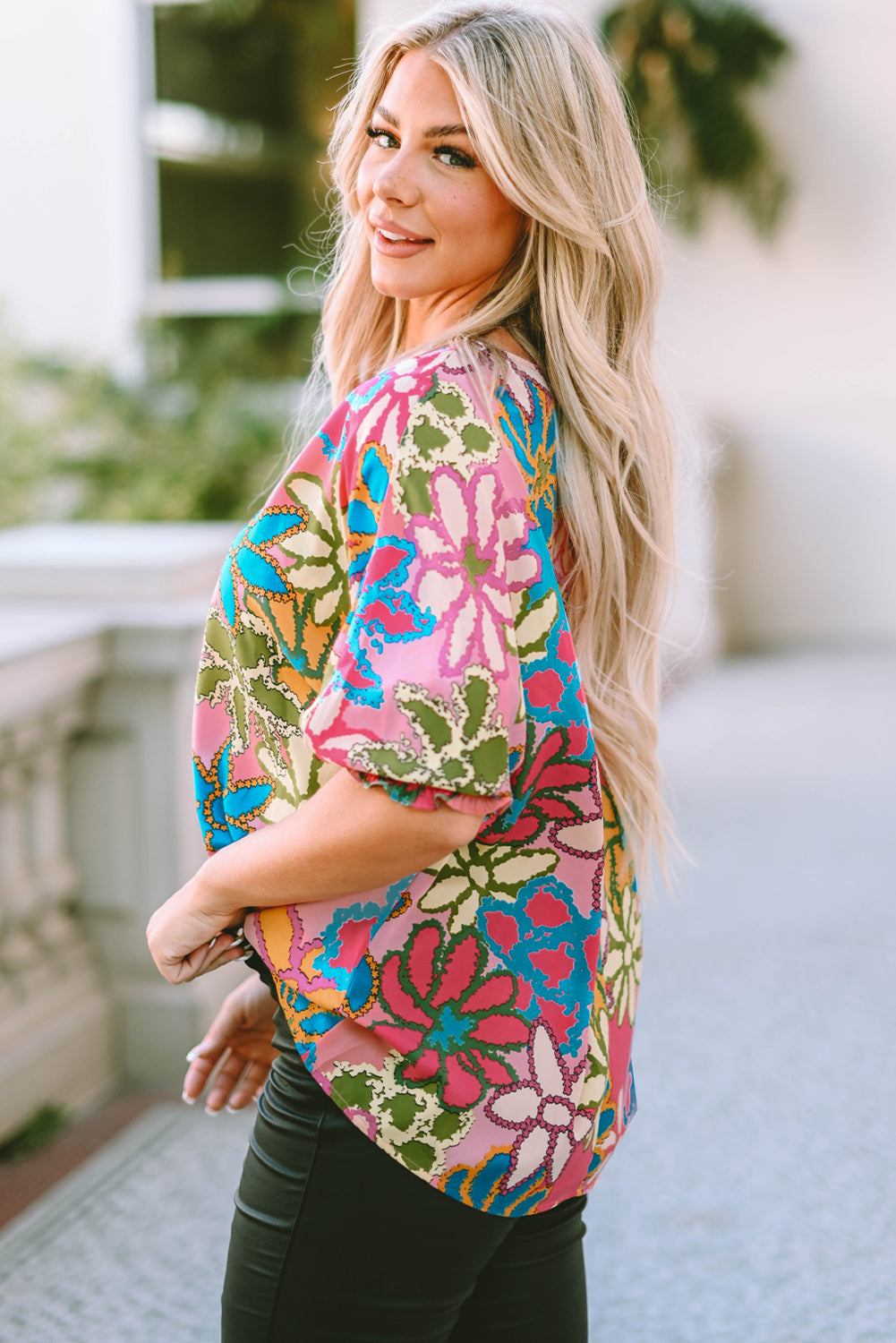 Floral Print Bracelet Sleeve Blouse