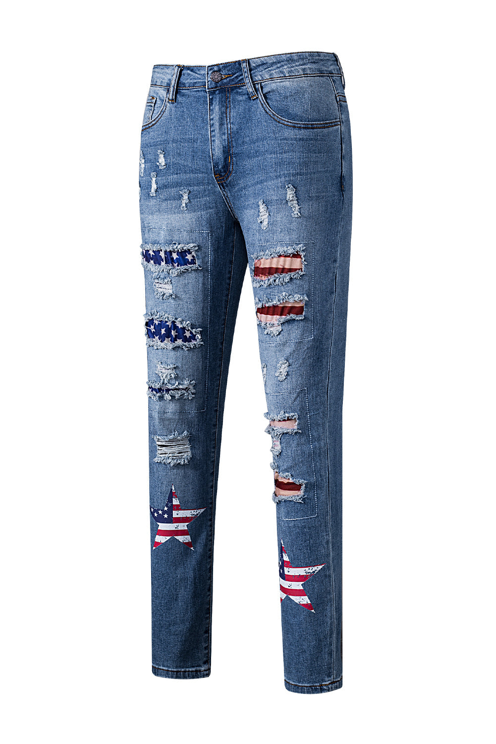 Sky Blue American Flag Patched Distressed Jeans