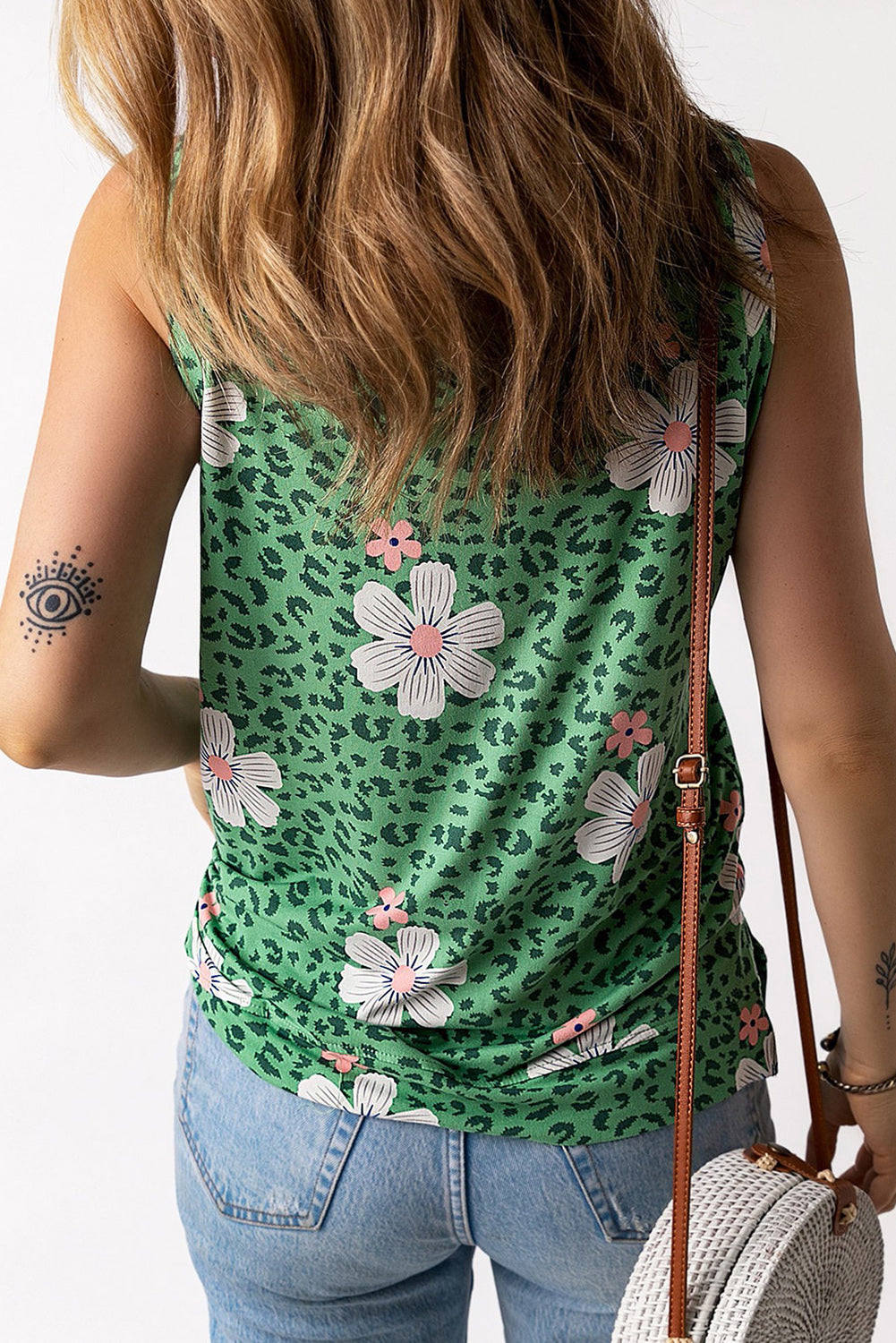 Crew Neck Floral Leopard Print Tank Top