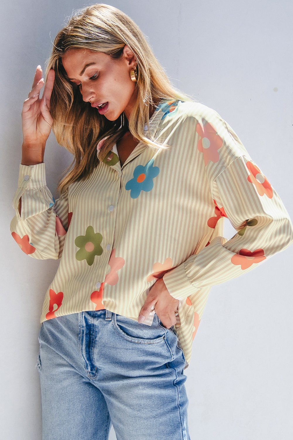 Flower Print Collared Button-up Loose Fit Shirt