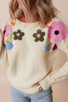 Knitted Flower Pattern Ribbed Edge Sweater