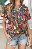 V Neck Short Bubble Sleeve Paisley Blouse