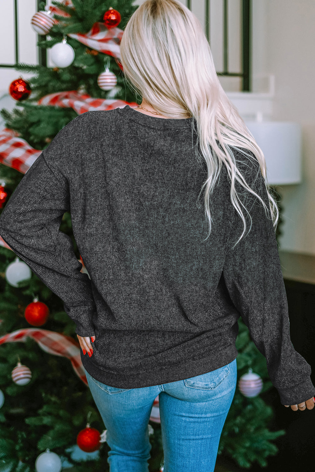 Sequined Christmas Graphic Corded Sweatshirt