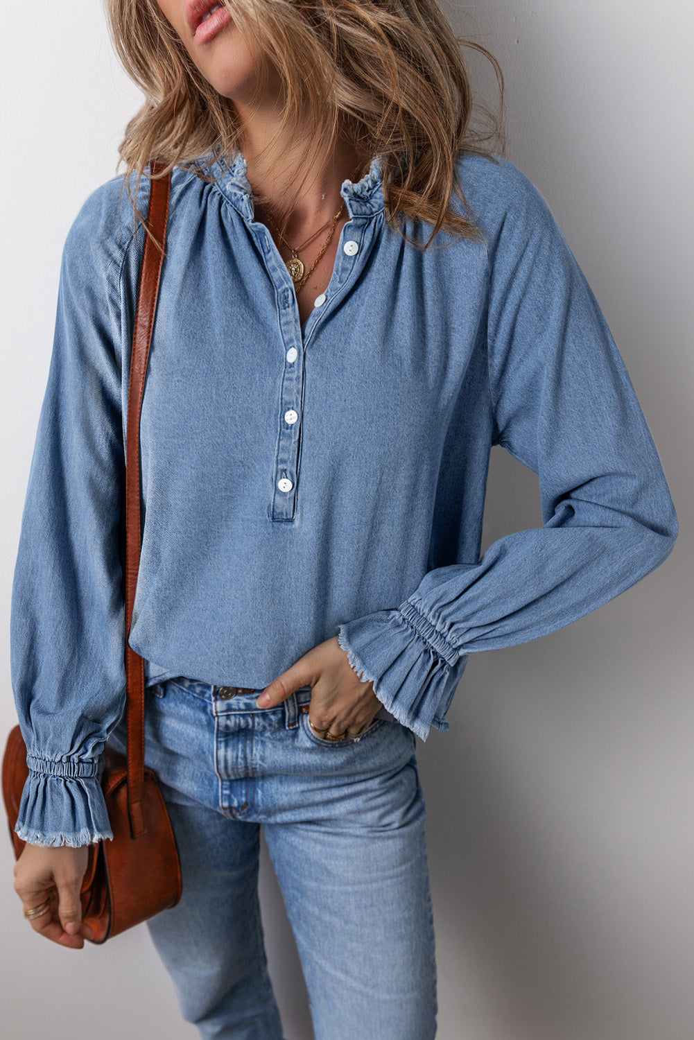 Frilled Raw Hem Half Buttoned Denim Top