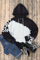 Cow Tie Dye Print Pocketed Drawstring Pullover Hoodie