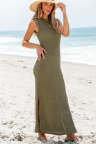 Waffle Knit Sleeveless Long Dress with Slits