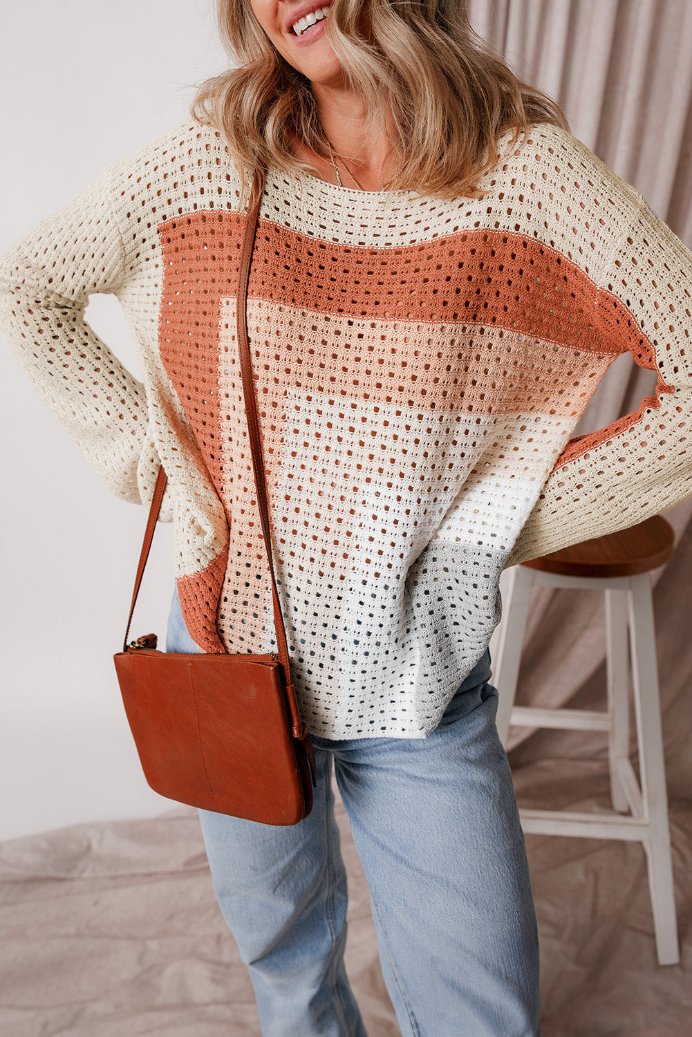 Pointelle Knit Colorblock Baggy Sweater