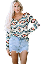 Aztec Geometric Print Long Sleeve Henley Top