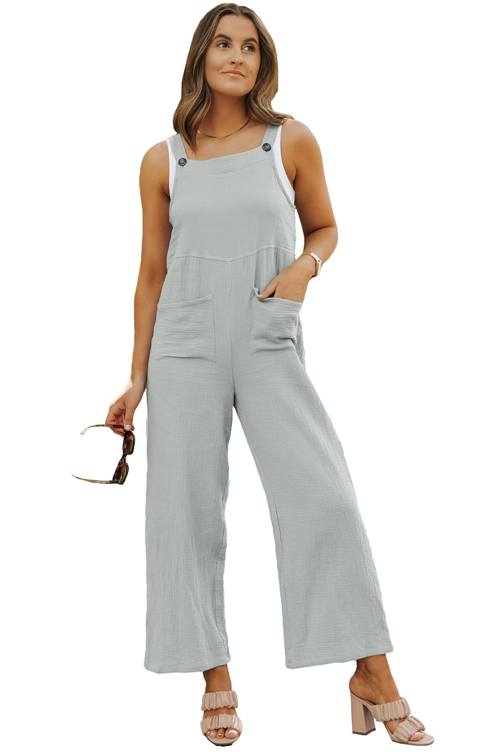 Textured Wide Leg Overall with Pockets