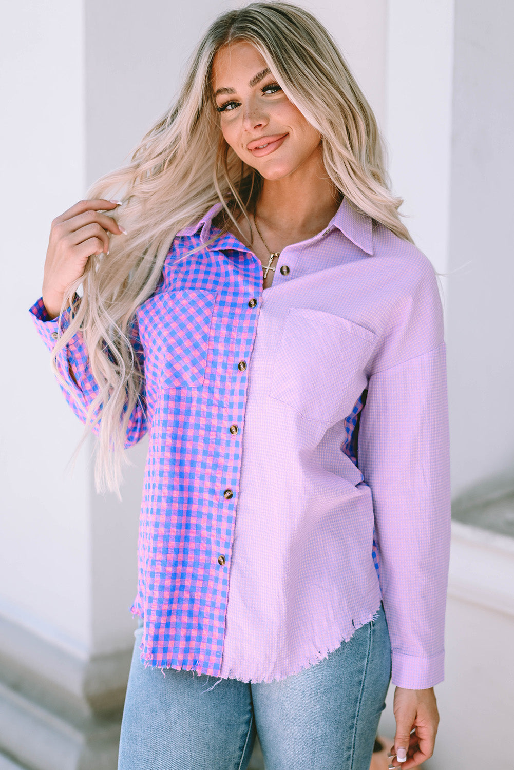 Mixed Plaid Button Down Long Sleeve Chest Pocket Shirt