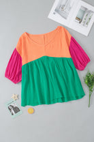 Crinkle Bubble Sleeve Color Block Blouse