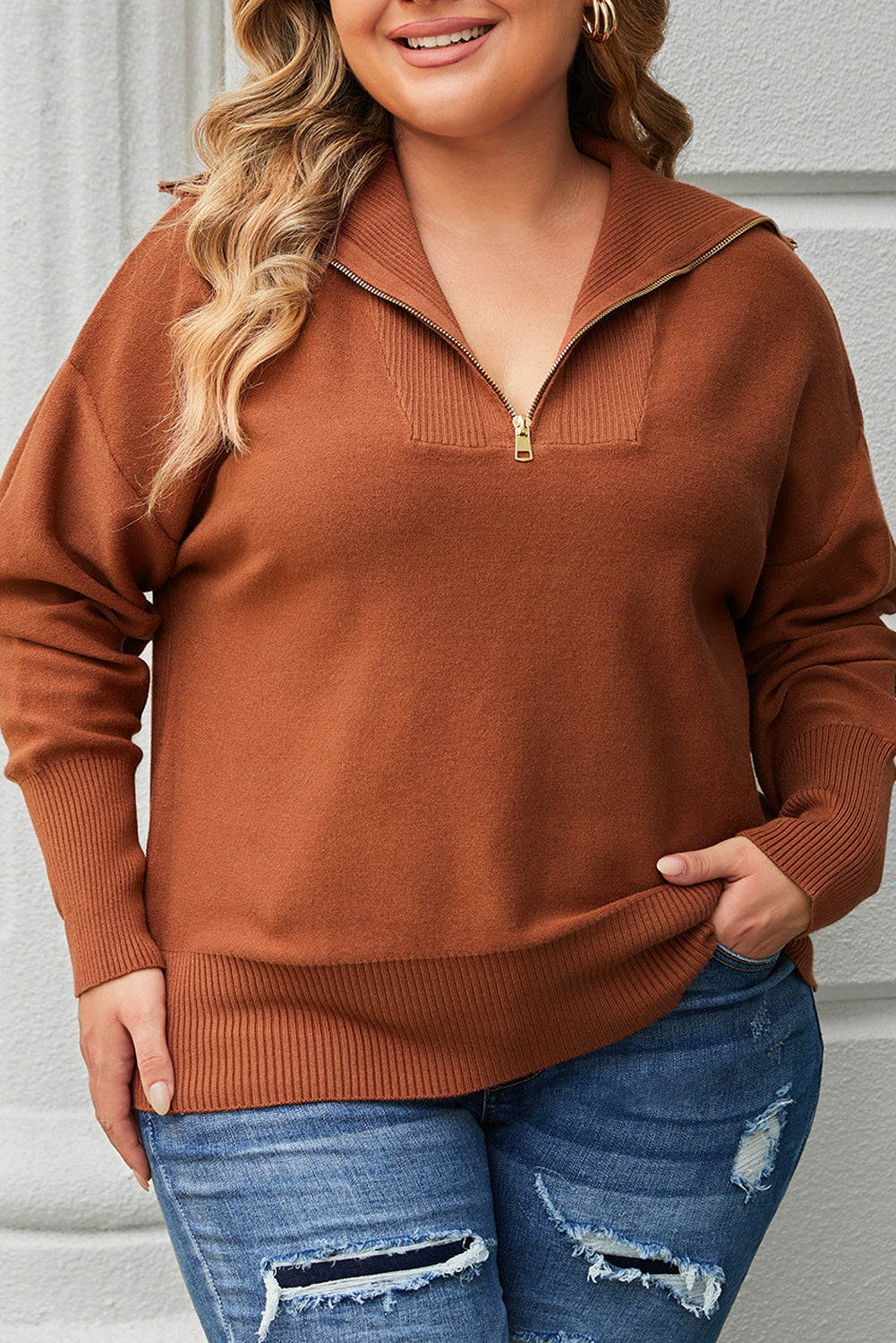 Solid Ribbed Trim Plus Size Zip Collar Sweater