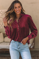 Frilled Neck Buttoned Front Velvet Top