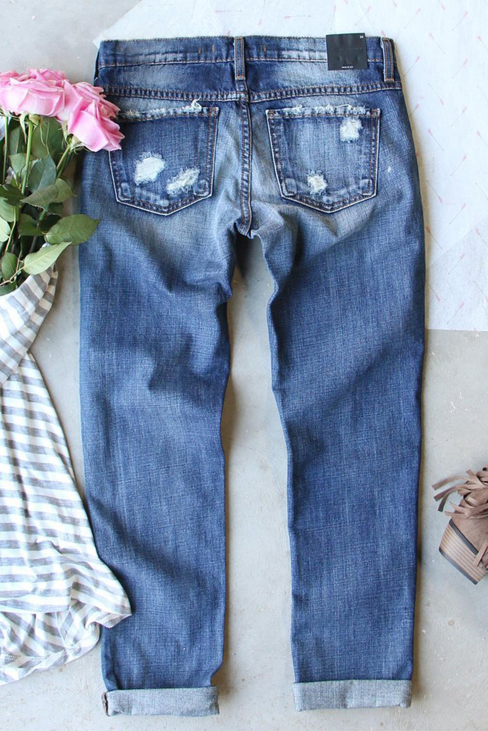 Sky Blue Glitter Clover Patch Plaid Insert Distressed Jeans