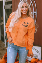 Halloween Pumpkin Face Exposed Seam Patchwork Sweatshirt