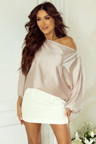 Asymmetrical Neck Balloon Sleeve Satin Blouse