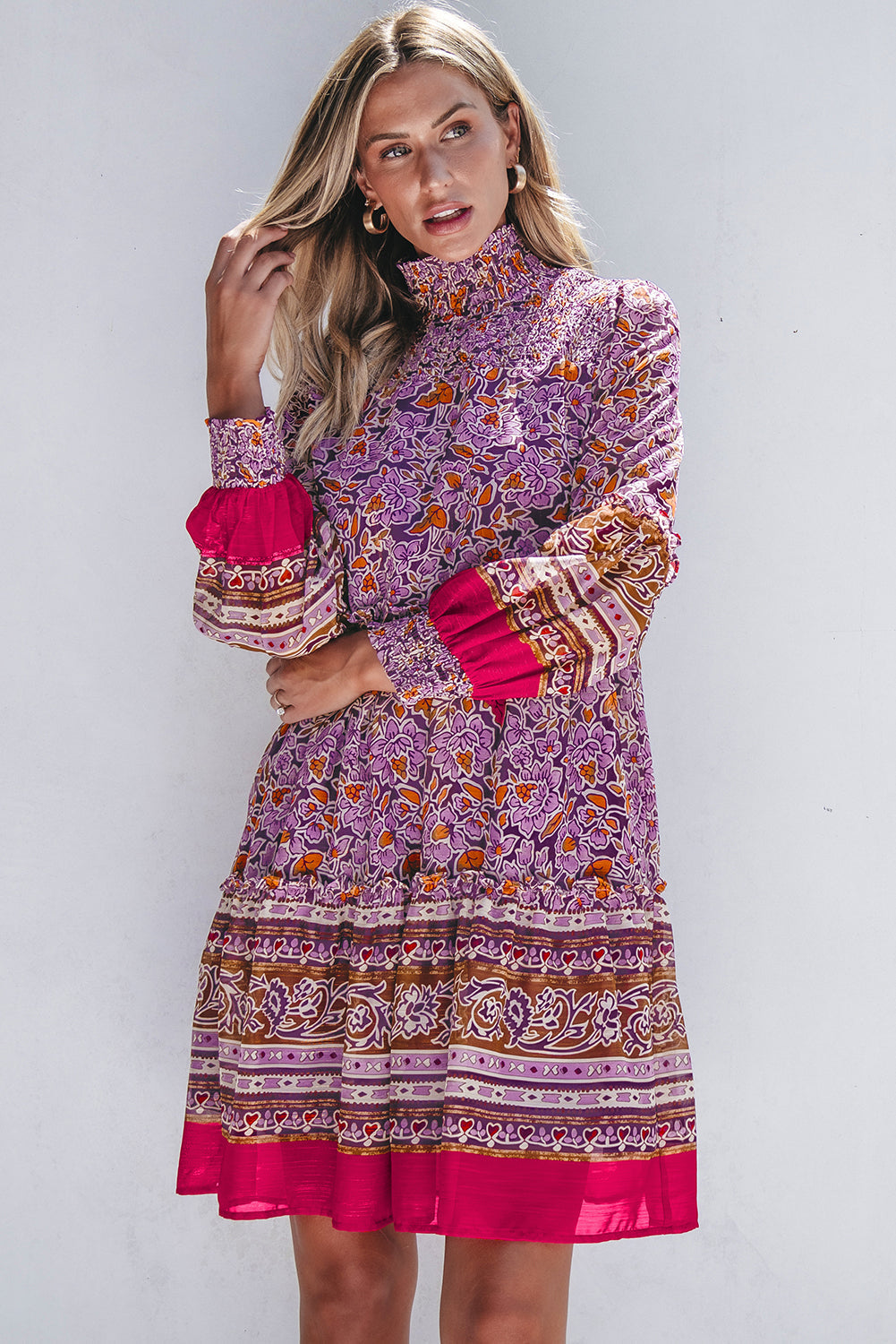 Floral Smocked Puff Sleeve High Neck Mini Dress