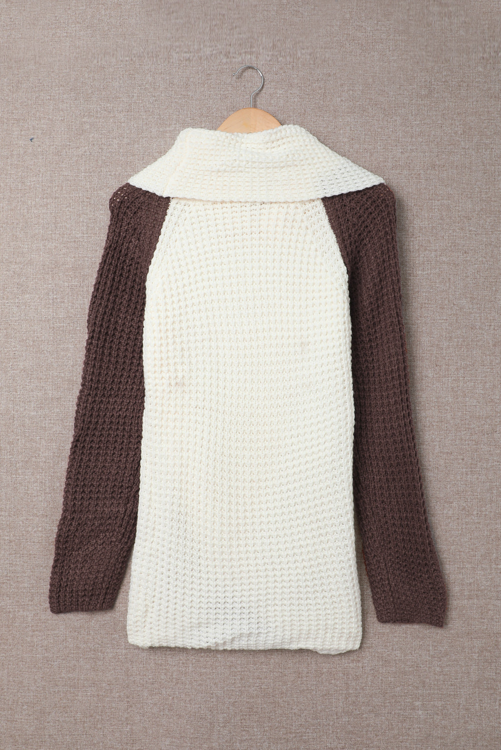 Brown Button Turtle Cowl Neck Asymmetric Hem Wrap Pullover Sweater