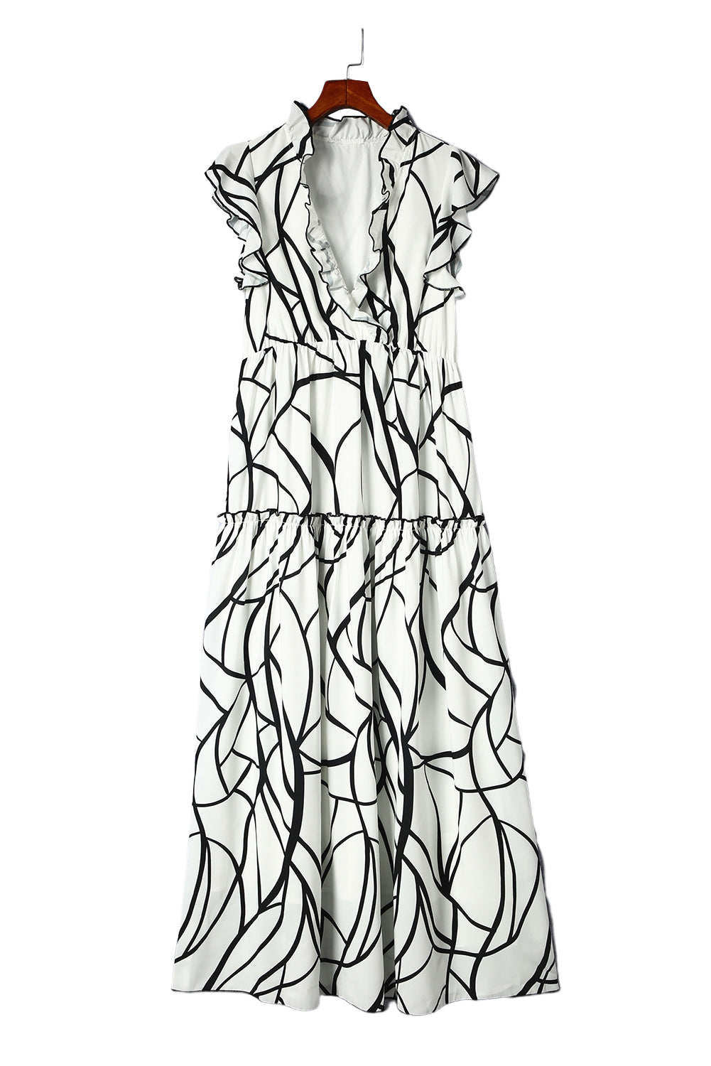 Abstract Vein Print V Neck Ruffle Maxi Dress